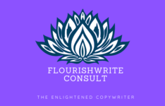 A black and white lotus flower opens against a purple background with the name FlourishWriteConsult under it