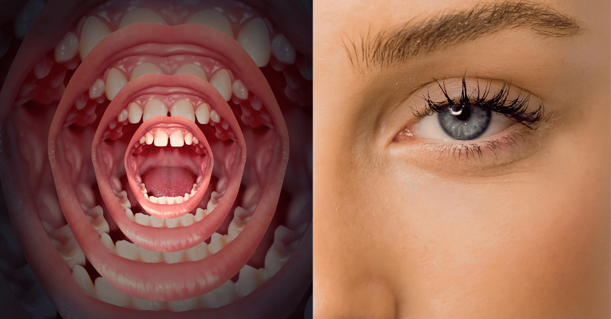 to exemplify speaking to communicate half of a beautiful female face displays a large blue eye and beside it a wide open mouth gives a view of the throat or larynx.