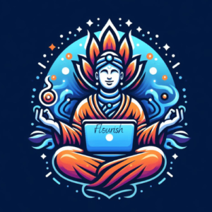 Logo for Flourish Write Consult. A digital nomad dressed in orange robes sites crosslegged in meditation with a lap top computer open on their lap.