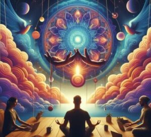 several people sit in meditation exploring their inner universes in front of their laptop computers