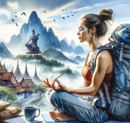 a young slim woman with a French Knot sits mindfully overlooking mountains and pagodas