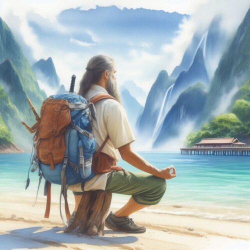 a beared, long-haired traveller wearing a backpack meditates on a remote mountain beach.