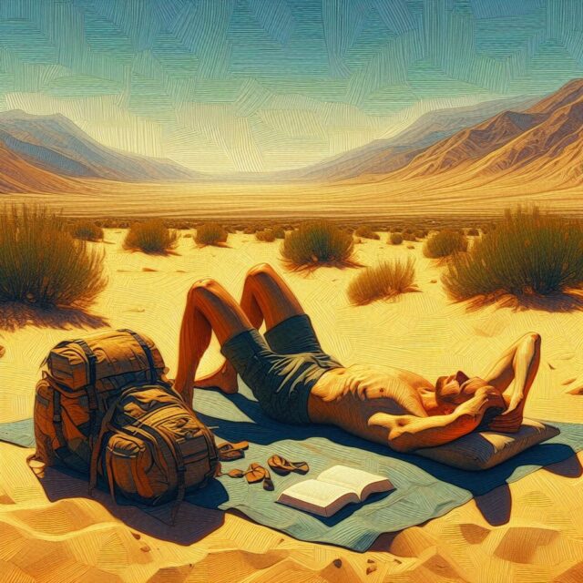 a young man rests lying on his back in a hot desert his backpack by his side.