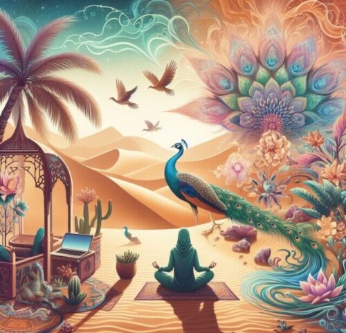 a peacock accompanies a woman meditating in a desert oasis as she finds her true nature