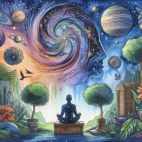 a traveller sits mindfully engaged in their inner universe to get to know themselves