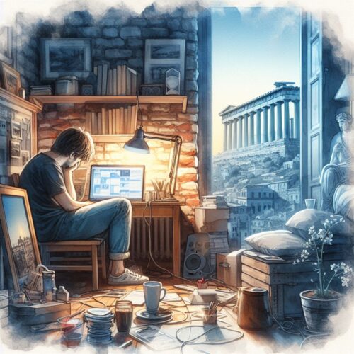 a traveller sits in his room overlook the Parthenon in Athens feeling lovely.