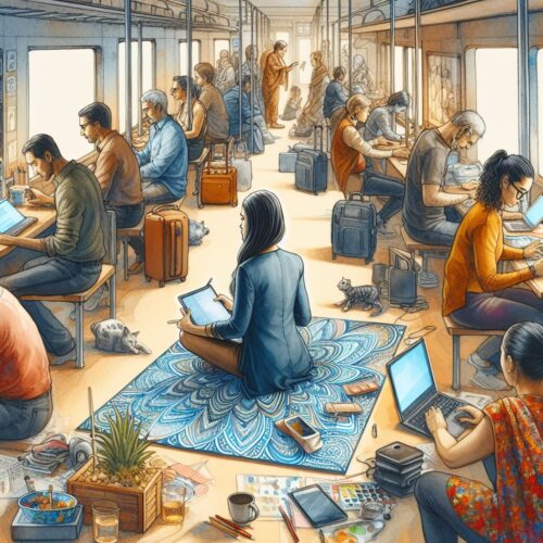 a young woman sits on a blacnket on the floor of a crowded waiting room surrounded by other remote workers hard at it on their pcs.