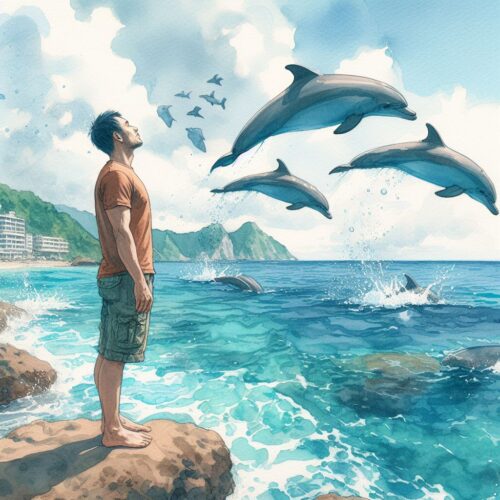 standing watching the ocean and dolphins jumping mindful practice