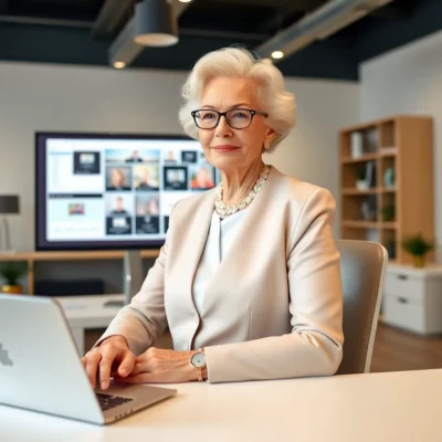 an elegant elderly business woman keeps up with the digital revolution 