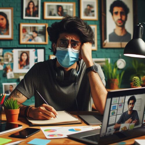 a young worker is sick and overwhelmed as he works from home