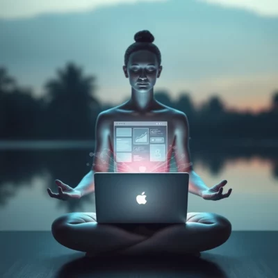 A young woman sits in meditation with her laptop illuminated on her lap.