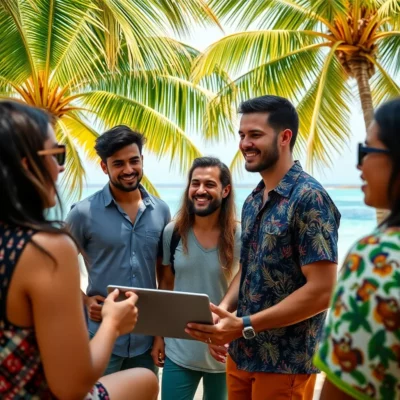 a young entrepreneur delegates to his team in a tropical location