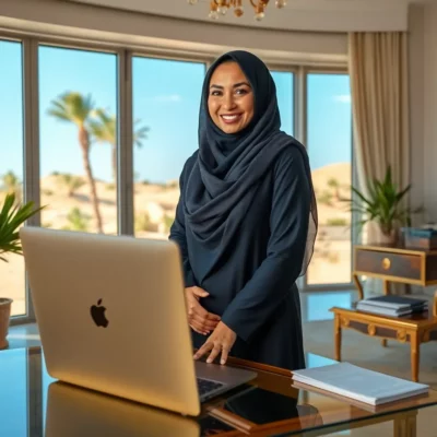 a young middle-eastern woman is successful in her online business. 