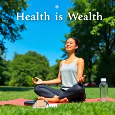 a young woman meditates in a sunlit meadow: health and wealth are truly balanced.