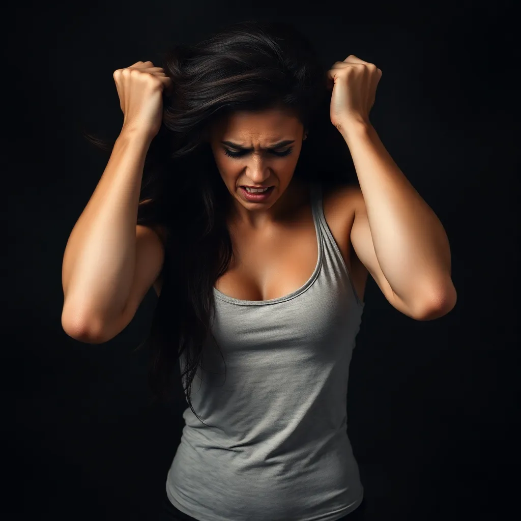 a frustrated woman holds up her hands in horror. 