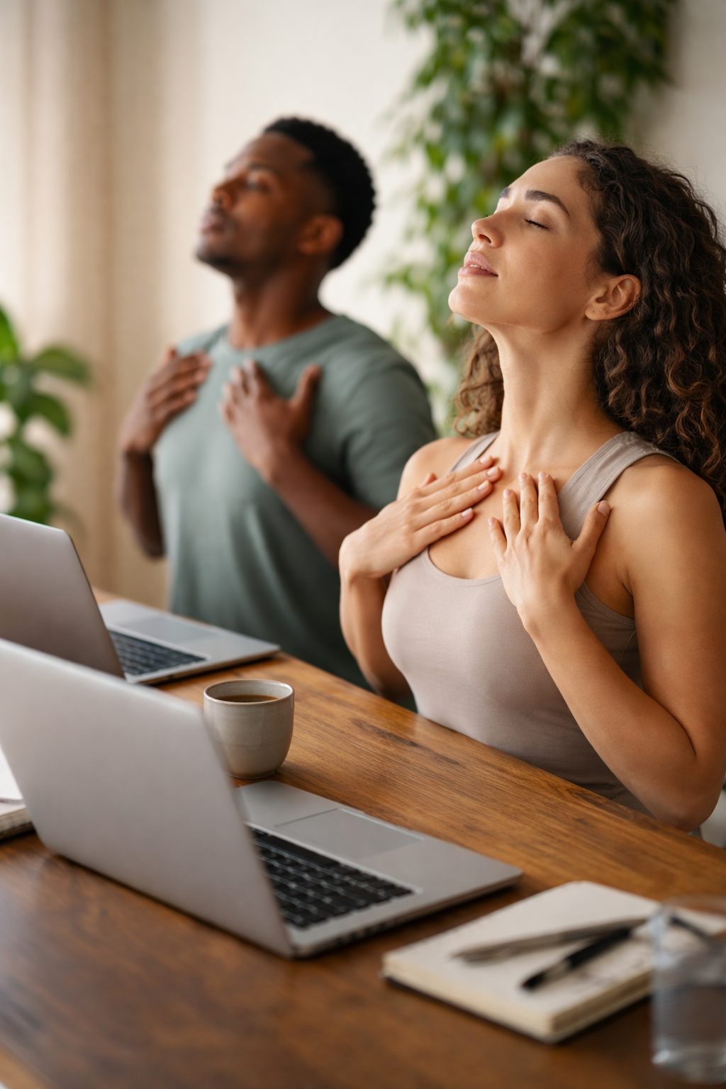a young man and woman. breathing while sitting in front of their laptops.